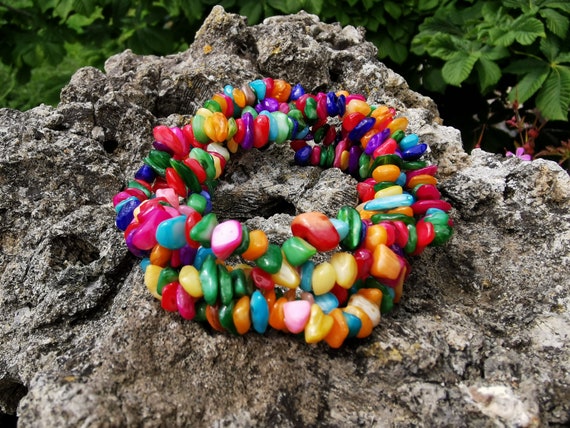 Genuine, Multicoloured / Dyed Shell Chip/Nugget Stretch Bracelet, Four Strand, Wrap Style