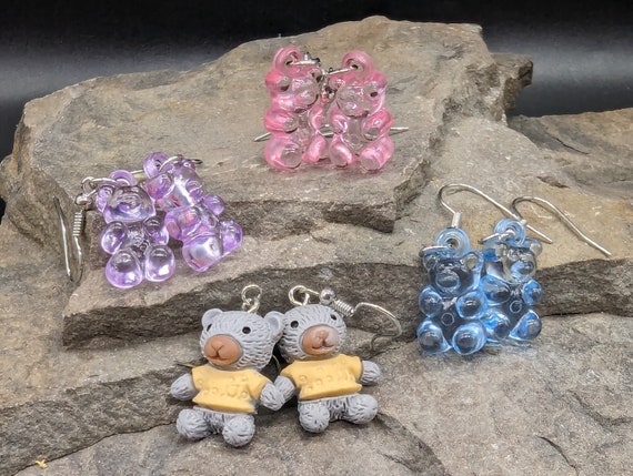 Cute Teddy Bear Earrings on Silver-Coloured Fish Hook Wires. Plastic. Choice of Styles/colours.