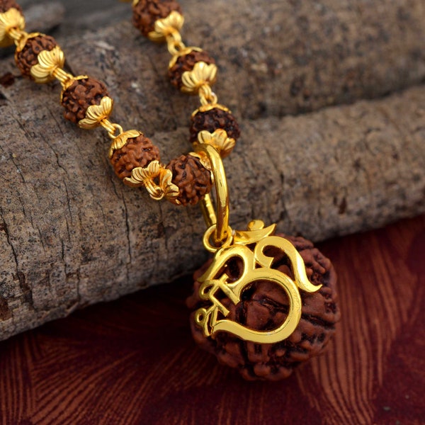 5 Mukhi Rudraksha Pendant Om Shree Design With Rudraksha Mala/Chain