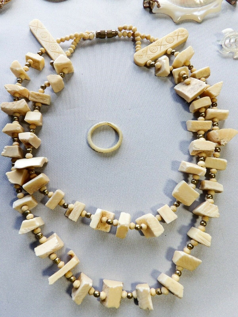 Vintage Jewelry Lot 19 pcs Shell Bovine Bone and Stone Beads Seed Wood