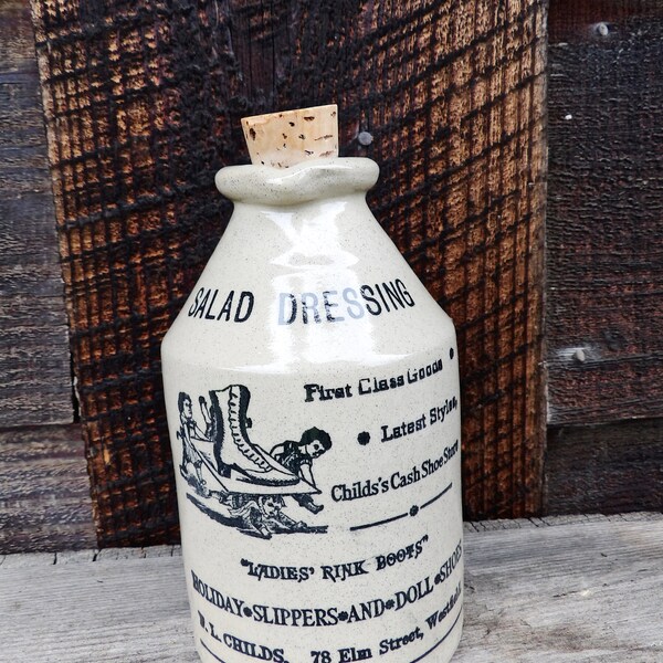 Vintage Stoneware Salad Dressing Cruet Jar Advertising Childs's Cash Shoe Store England