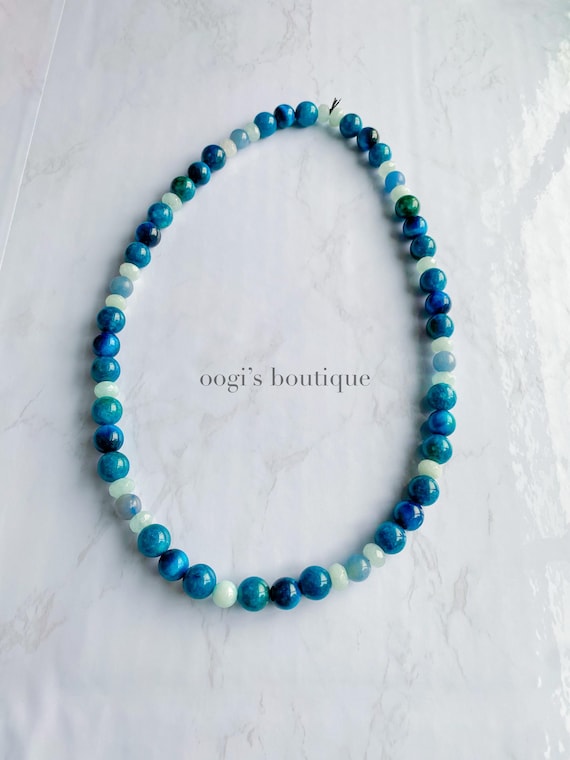 aquamarine, blue apatite, blue tiger’s eye gemstone necklace