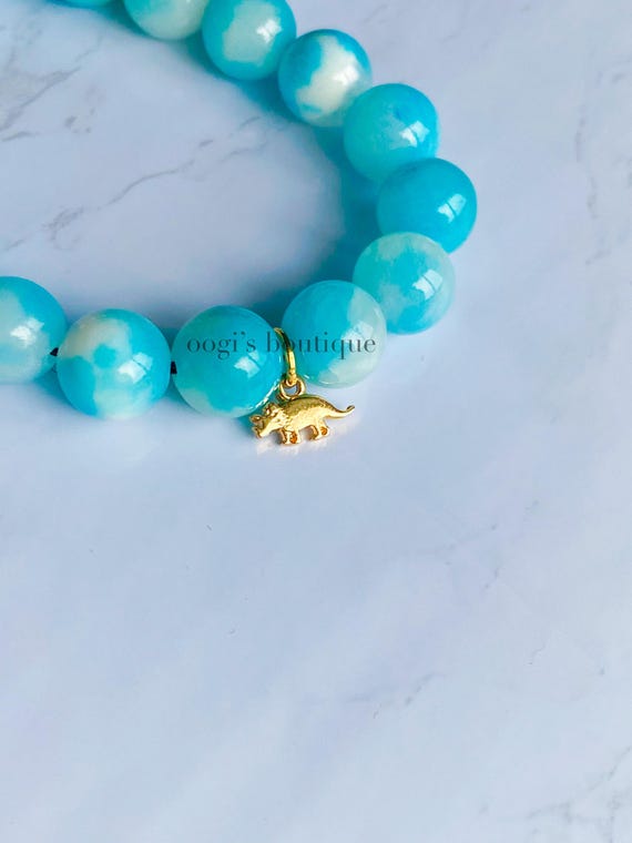 blue & white jade gemstone dinosaur charm bracelet