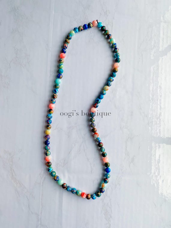 blue jasper & pink jade gemstone necklace