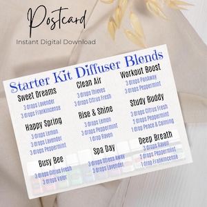 May include: A postcard with a blue and white design featuring a list of essential oil diffuser blends with names and ingredient amounts. The blends include Sweet Dreams, Happy Spring, Busy Bee, Clean Air, Rise & Shine, Spa Day, Workout Boost, Study Buddy, and Deep Breath.