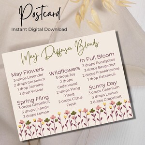 Könnte beinhalten: Eine druckbare Postkarte mit einem floralen Design und dem Text "May Diffuser Blends". Die Postkarte listet verschiedene ätherische Ölmischungen für jeden Monat auf, darunter "May Flowers", "Wildflowers", "In Full Bloom", "Spring Fling" und "Sunny Day".