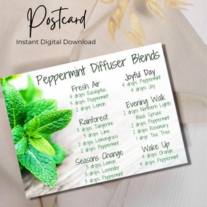 May include: A postcard with a green mint leaf design and text that reads "Peppermint Diffuser Blends". The postcard lists different diffuser blends with names like "Fresh Air", "Rainforest", "Seasons Change", "Joyful Day", "Evening Walk", and "Wake Up". Each blend lists the essential oils and number of drops to use.