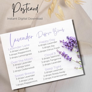 Puede incluir: Una postal blanca con flores de lavanda en la esquina superior derecha. La postal enumera diferentes mezclas de difusores con aceite esencial de lavanda, incluyendo Lavender Lane, Over the Moon, Sweet Breeze, Happy Day, Cloud 9 y Sleep Tight. Cada mezcla indica los aceites esenciales y la cantidad de gotas que se deben usar.