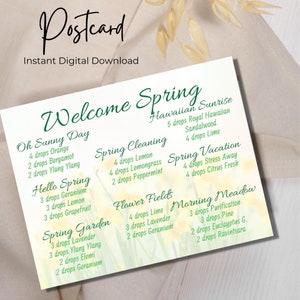 May include: A watercolour postcard with a floral background and text that reads "Welcome Spring". The postcard lists different essential oil blends for spring, including "Oh Sunny Day", "Hello Spring", "Spring Cleaning", "Spring Vacation", "Spring Garden", "Flower Fields", and "Morning Meadow".