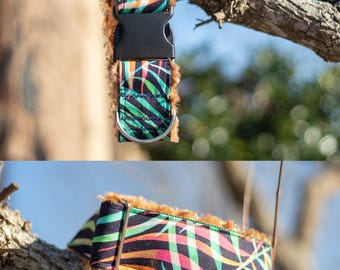 Collar para perro con estampado de jungla y forro de Minky marrón: 5 cm de ancho, cuello de 38 a 58 cm.