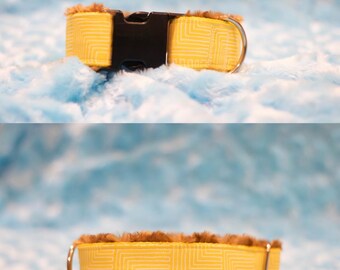 Collar amarillo para perro con forro de Minky marrón - 1,5 pulgadas de ancho, cuello de 12 a 17 pulgadas
