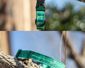 Collar verde para perro con copos dorados - 1 pulgada de ancho, cuello de 10 a 15 pulgadas