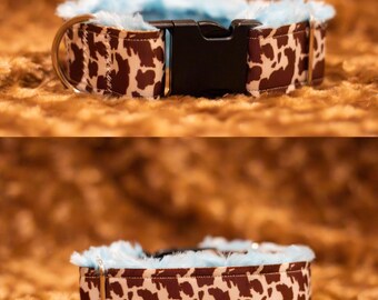 Collar para perro con estampado de vaca marrón y forro de Minky azul: 1,5 pulgadas de ancho, cuello de 11 a 13 pulgadas