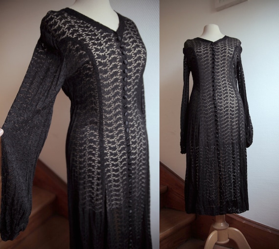 Sheer Black Lace 1930s Dress with Long Sleeves and