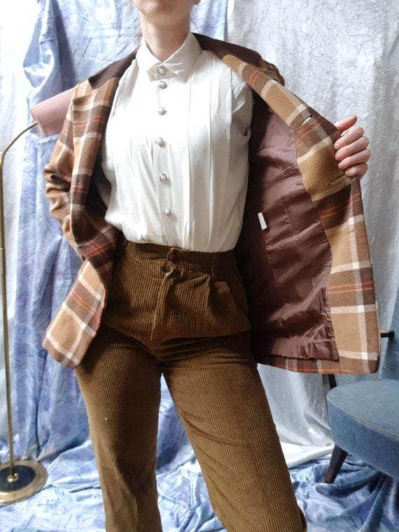 Brown Tartan 1970s Fitted Winter Wool Jacket | JC… - image 7