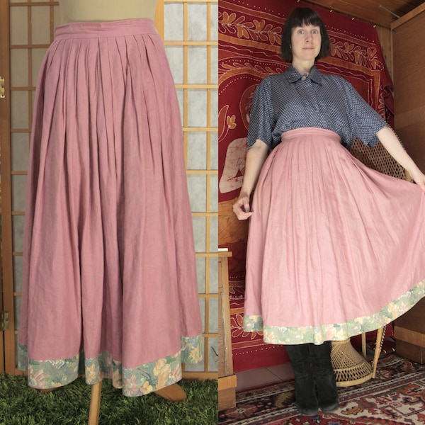 Dusty Pink 1970s Tyrolean Linen A-Line Midi Skirt with Pastel Floral Brocade Trim