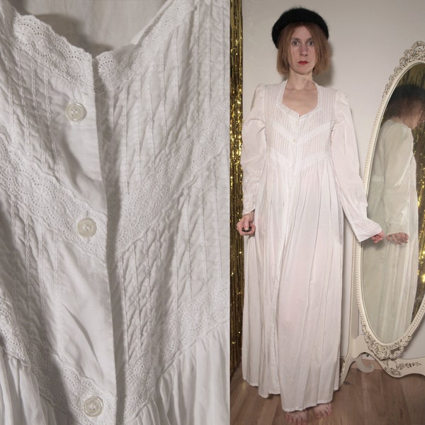 White 1980s Cotton LAURA ASHLEY Overdress with Long Sleeves, Pin Tucks, Lace and Button-up Front