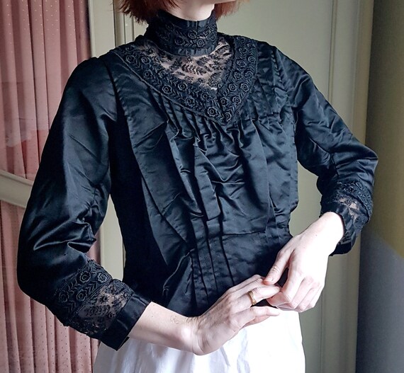 Incredible Victorian Black Silk and Lace Blouse |