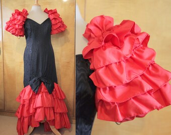 Black and Red 1980s JOHN CHARLES Maxi Mermaid Evening Dress with Sweetheart Neckline and Giant Ruffles