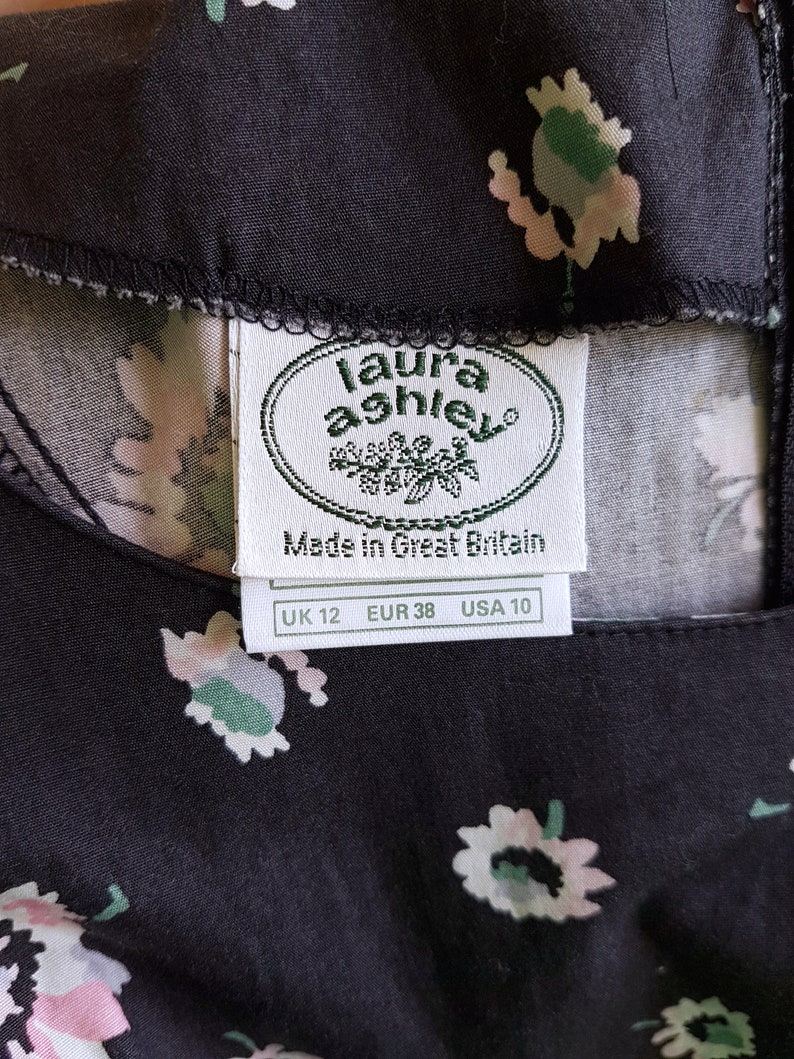 Charcoal Grey Floral 1980s Laura Ashley Midi Dress with Tiered Ruffeled Skirt