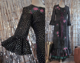 Black 1970s Maxi Dress with Trumpet Sleeves, Lace-up Front, White Polka Dot and Pink Floral Print | JOBI