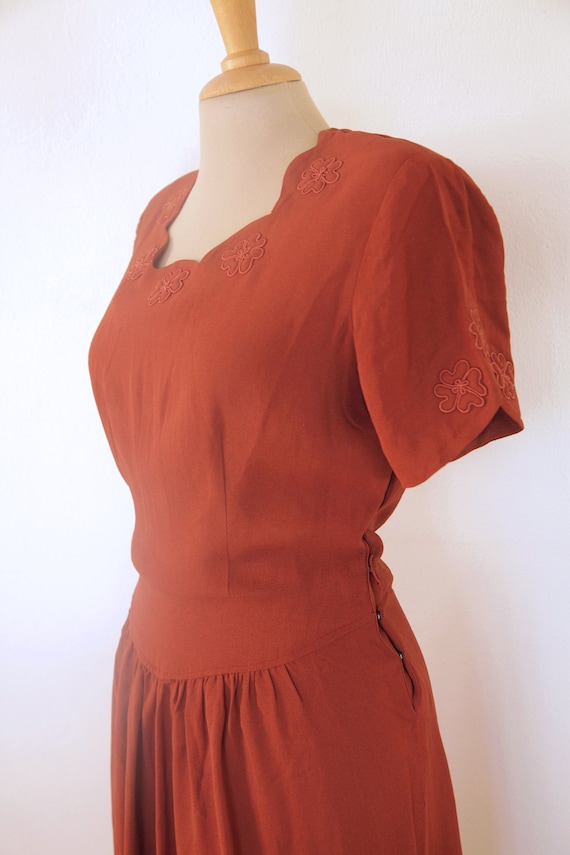 Rusty Brown 1940s Short Sleeve Wool Crepe Day Dre… - image 5