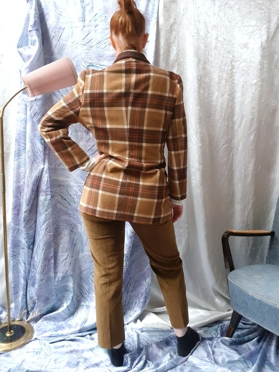 Brown Tartan 1970s Fitted Winter Wool Jacket | JC… - image 5