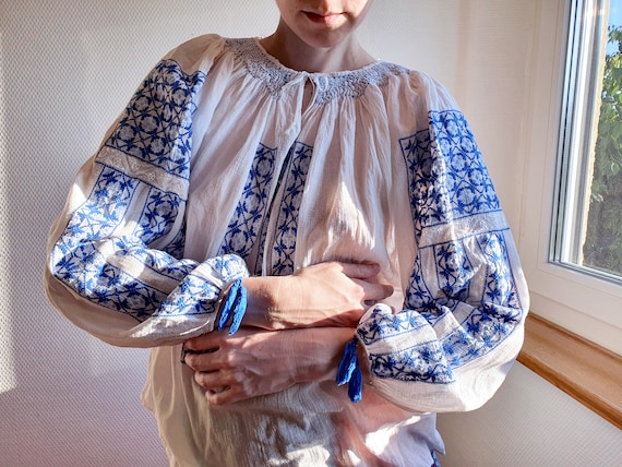 Etheral 1970s Romanian Peasant Blouse with Blue Ha