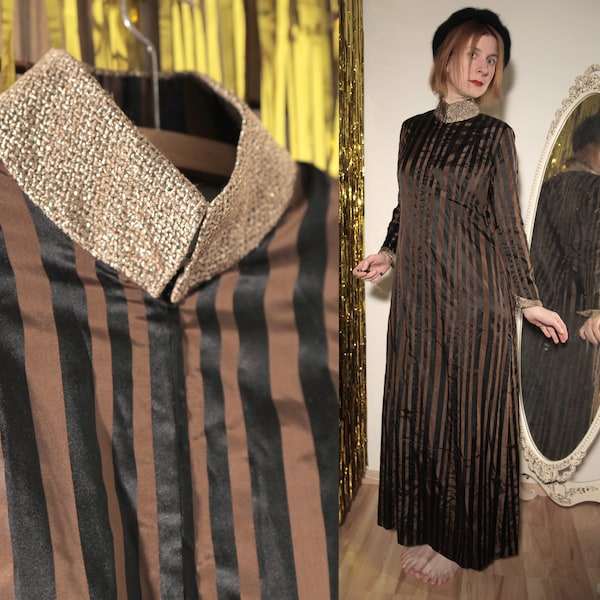 Dark Brown and Black Striped 1960s Longsleeve Satin Maxi Dress with Gold Lamé Details and Front Zipper | F&A Schlosser Modesalon Wiesbaden