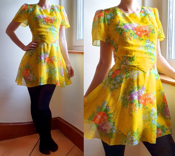 Bright Yellow 1970s Mini Dress with Flutter Sleev… - image 1