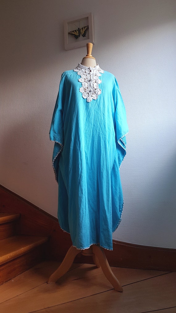 Bright Blue 1970s Cheesecloth Kaftan Dress with Wh