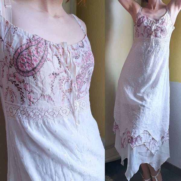 Dreamy 1990s Boho Style Fairycore Midi Dress with Tiered Handkerchief Skirt | Tchin Tchin Paris