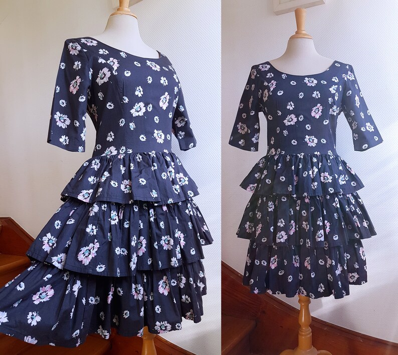 Charcoal Grey Floral 1980s Laura Ashley Midi Dress with Tiered Ruffeled Skirt