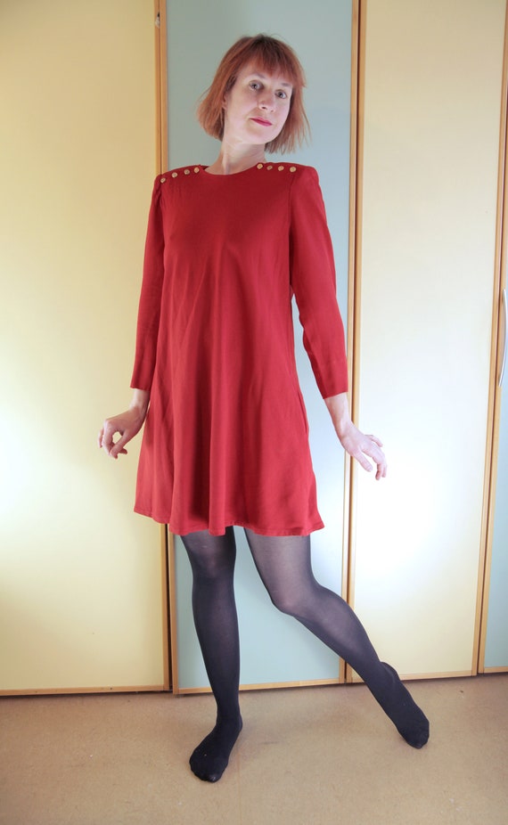 Burgundy 1980s Mod Style Mini Swing Dress with Br… - image 3
