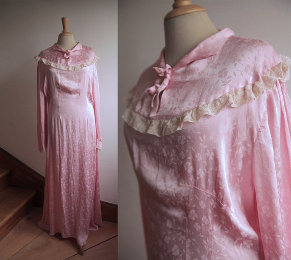 1930s Pink Satin Hostess Gown with Lace Details a… - image 1