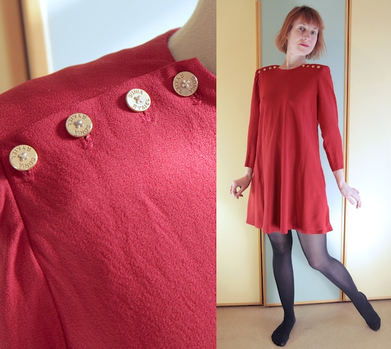 Burgundy 1980s Mod Style Mini Swing Dress with Br… - image 1