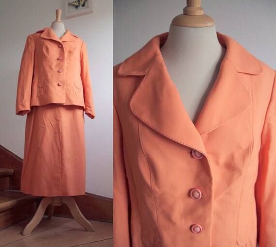 Orange 1970s Two Piece Skirt and Blazer Suit with