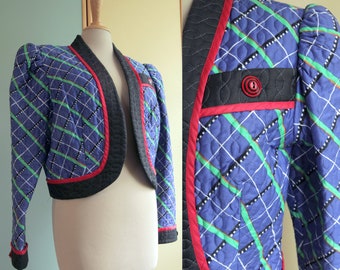 Bright Blue 1980s JEANNE MARC Quilted Cotton Cropped Jacket with Green Plaid Print and Red and Black Decorative Buttons