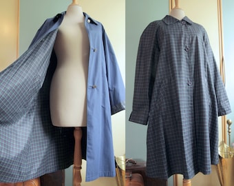 Dark Blue and Green Checkered 1980s Reversible Swing Duster Coat | EGO BLU Made in Italy