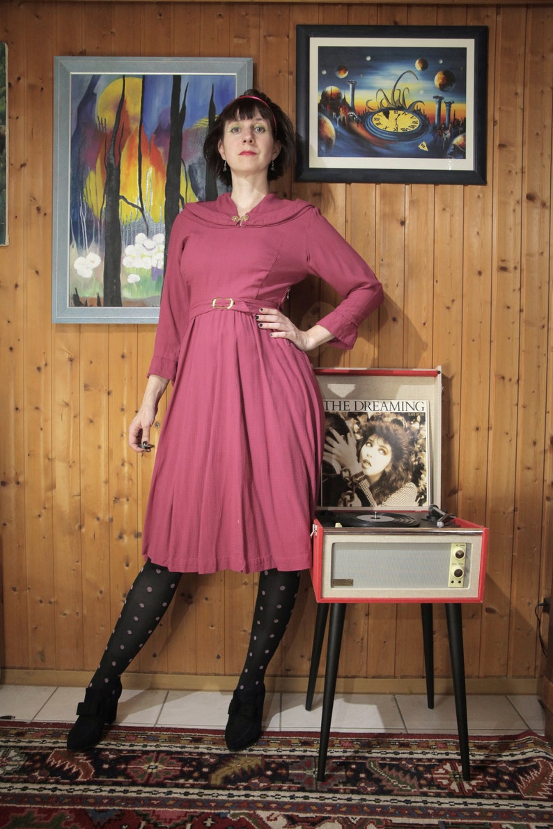 Raspberry Pink 1950s Aline Day Dress With 3/4length Sleeves, Large