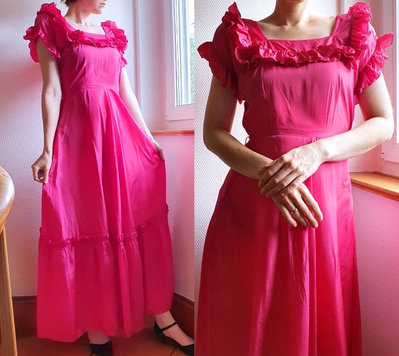 Raspberry Red 1940s Rayon Evening Gown With Ruffles at Neckline Sleeves and Skirt Etsy UK