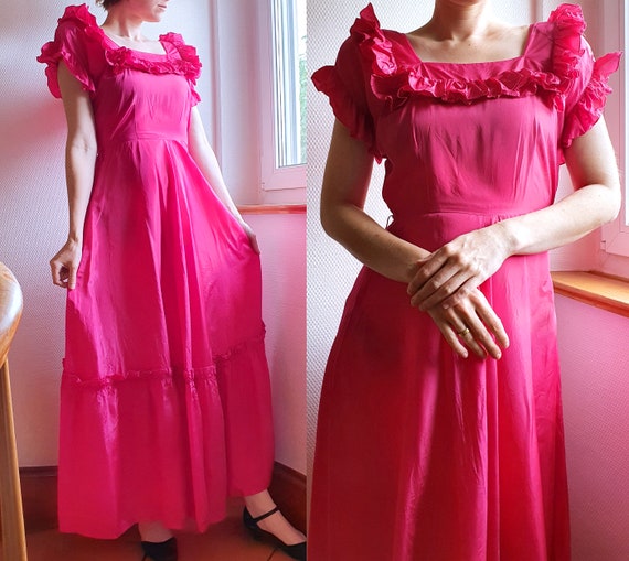 Raspberry Red 1940s Rayon Evening Gown with Ruffl… - image 1