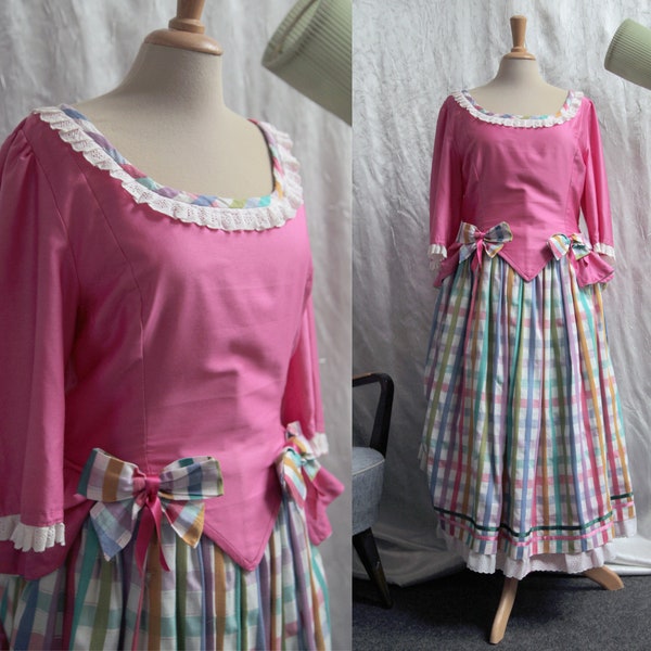 Hot Pink and Rainbow Plaid 1980s Three Piece Skirt and Top Costume with Tulle Petticoat, Ruffled Lace and Decorative Bows