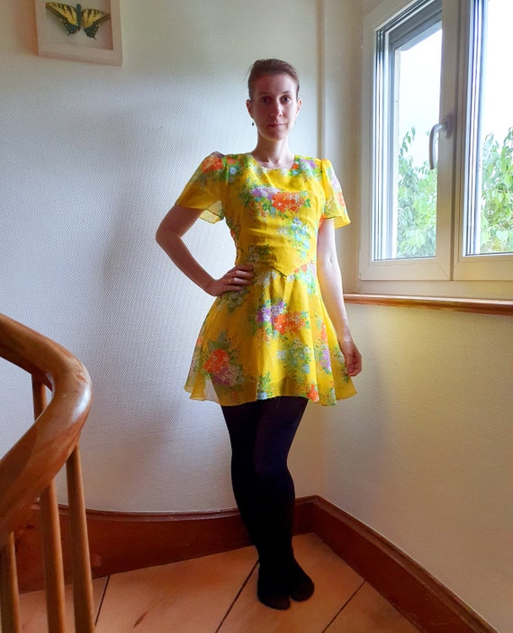 Bright Yellow 1970s Mini Dress with Flutter Sleev… - image 3