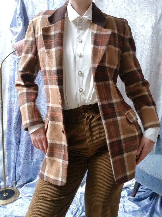 Brown Tartan 1970s Fitted Winter Wool Jacket | JC… - image 6
