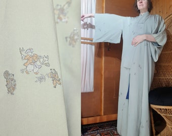 Silver Grey Vintage Silk Kimono with Metallic Embroidery