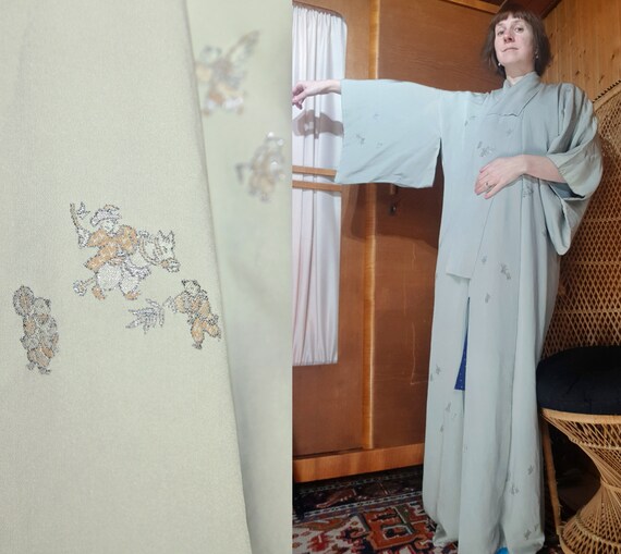 Silver Grey Vintage Silk Kimono with Metallic Emb… - image 1