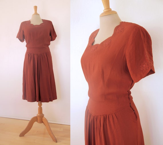 Rusty Brown 1940s Short Sleeve Wool Crepe Day Dre… - image 1