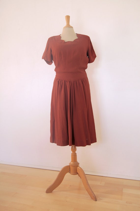 Rusty Brown 1940s Short Sleeve Wool Crepe Day Dre… - image 2