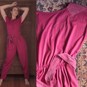 Hot Pink 1980s Short Sleeve Disco Jumpsuit with Glitter Details, Rhinestone Application and Matching Waist Tie